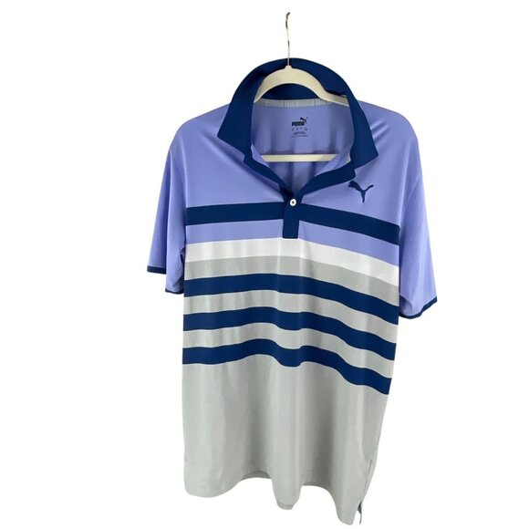 Puma Mens Striped Polo Shirt Blue & Gray Size M Short Sleeve Logo Golf Casual - Picture 7 of 9